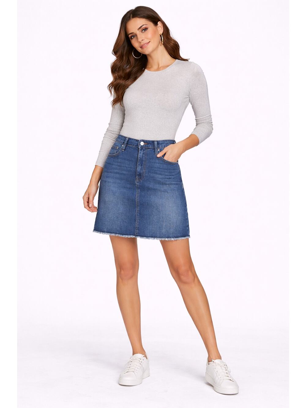 DKNY Mid Rise Denim Skirt Fringe Hem Womens Size 12 Medium Wash New